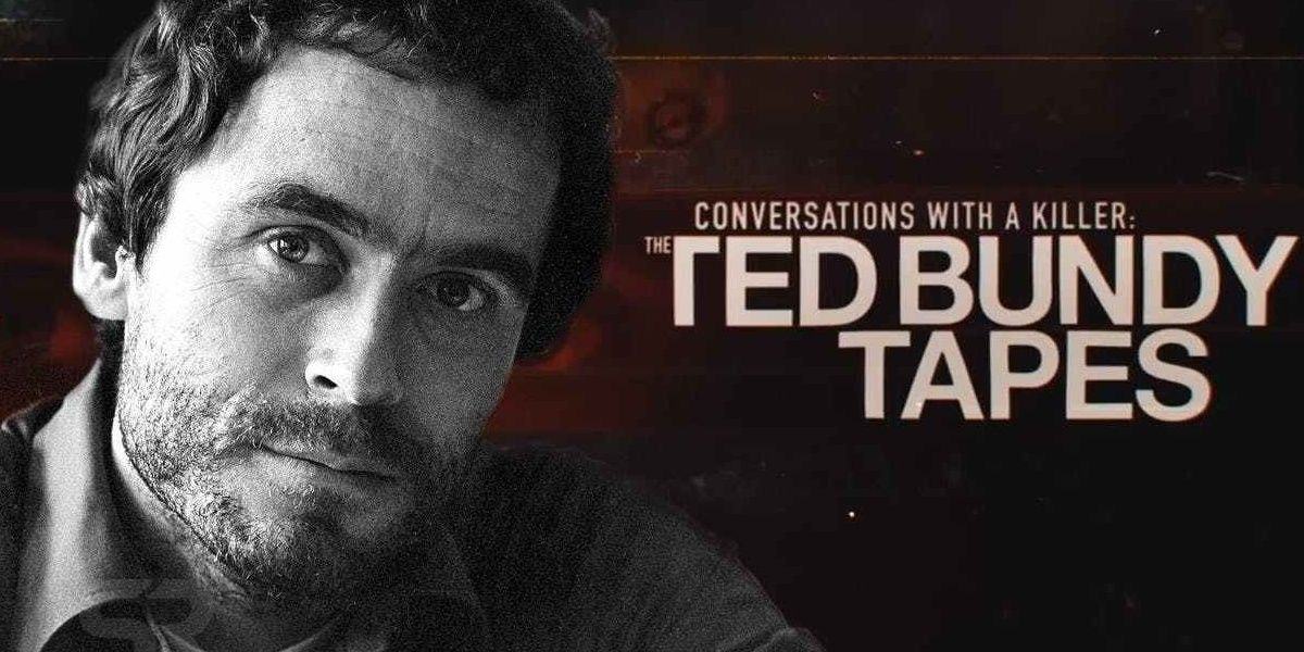 A close up of Ted Bundy in the poster for Conversations With A Killer