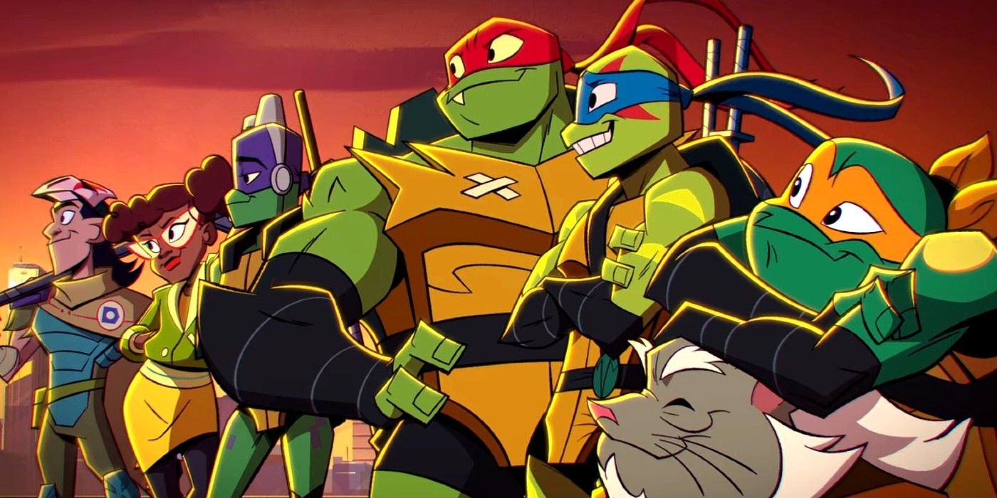 The characters in the final episode of Teenage Mutant Ninja Turtles pose for a photo