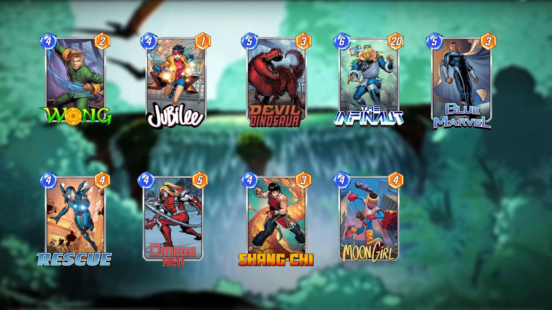 Marvel SNAP Zabu Deck Wong, Jubilee, Devil Dinosaur, Infinaut, Blue Marvel, Rescue, Omega Red, Shang-Chi and Moon Girl Official Cards Savage Lands Waterfall Background