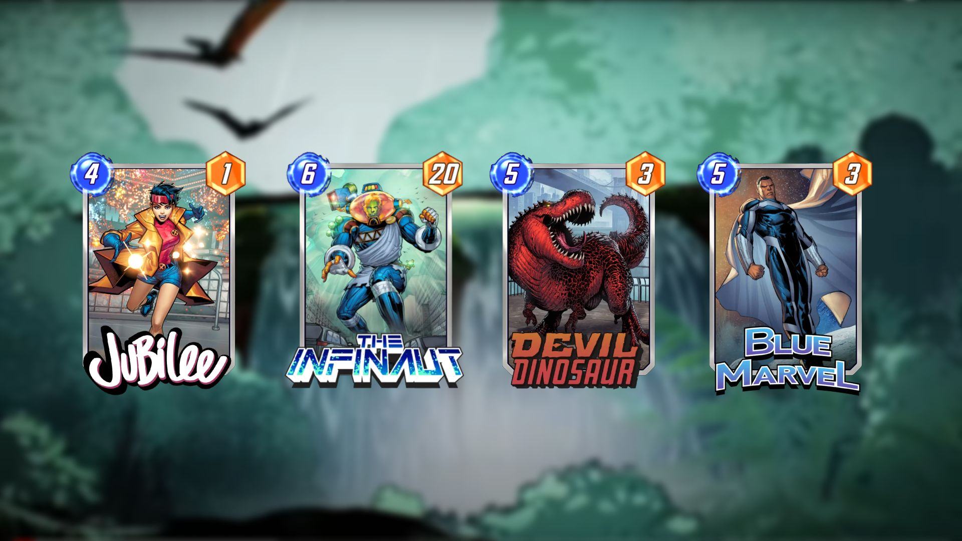 Official Marvel SNAP Zabu Deck Jubilee, Devil Dinosaur, Infinaut and Blue Marvel Card set in Wild Falls