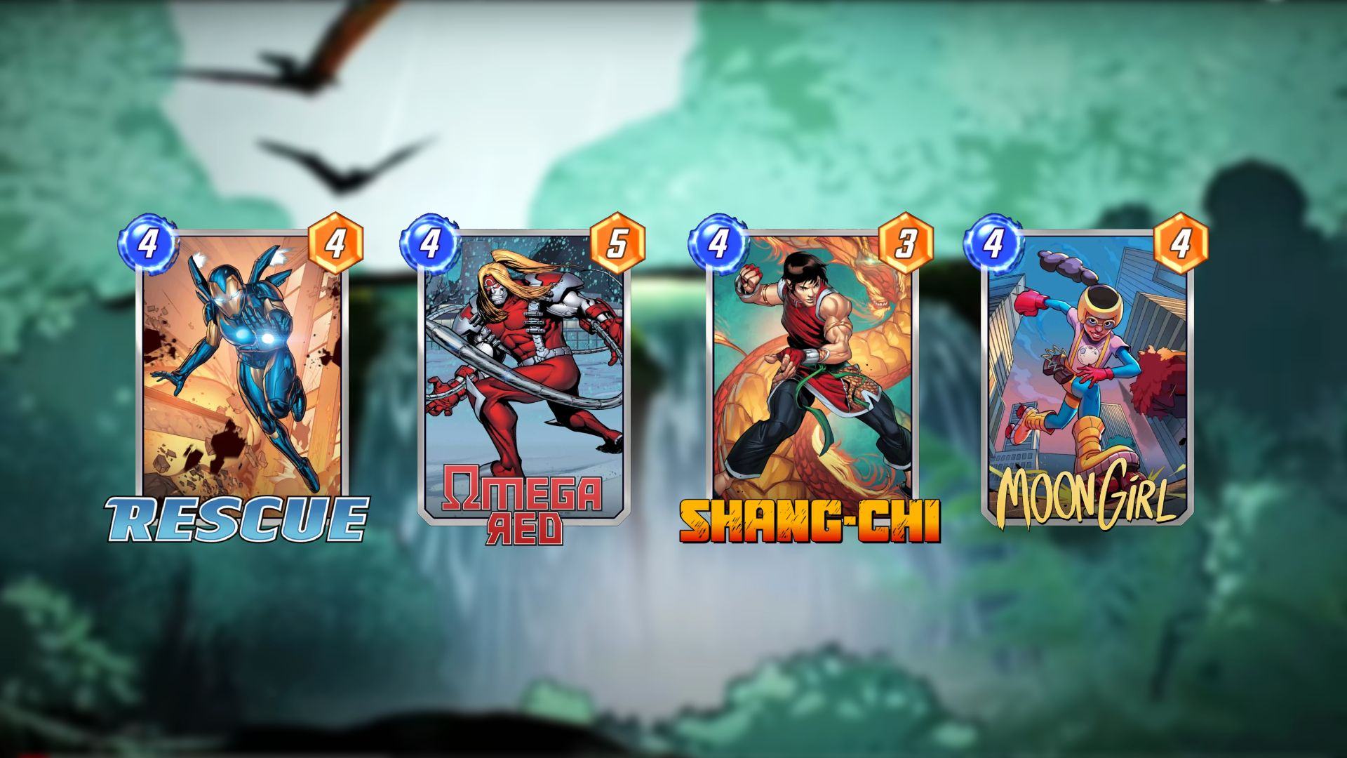 Official Marvel SNAP Zabu Deck Rescue, Omega Red, Shang-Chi and Moon Girl Cards on Wild Waterfall Background