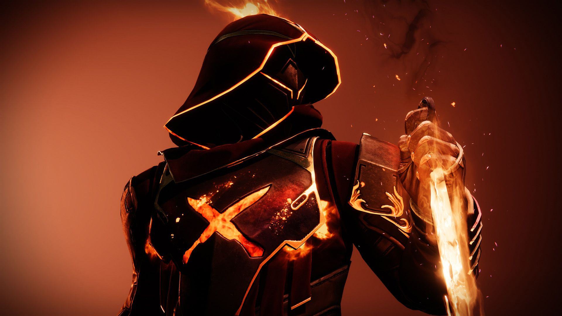 A Destiny 2 Hunter wearing a Sun armor ornament holding a dagger made of Solar energy.