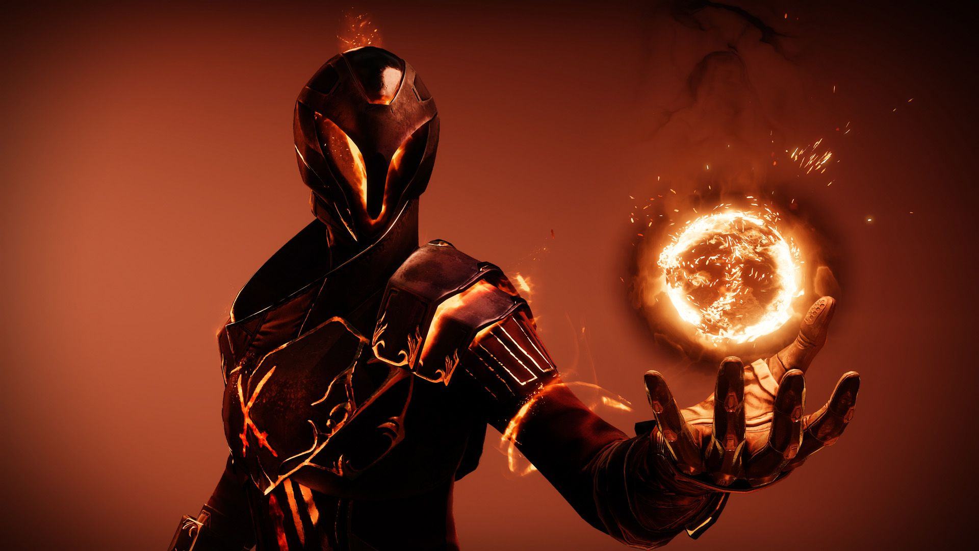 A Warlock Destiny 2 wearing a solar armor raises one hand and hovering above their palm is a solar orb.