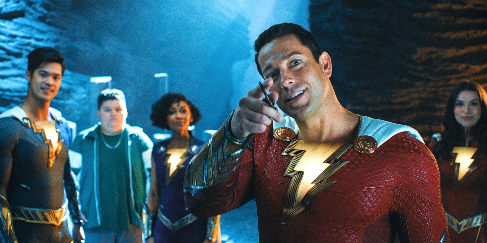 Ross Butler as Eugene Choi, Jovan Armand Pedro Pena, Meagan Good as Darla Dudley, Zachary Levi as Billy Batson, Grace Fulton as Mary Bromfield, in the cave of Shazam 2 Wrath of Gods