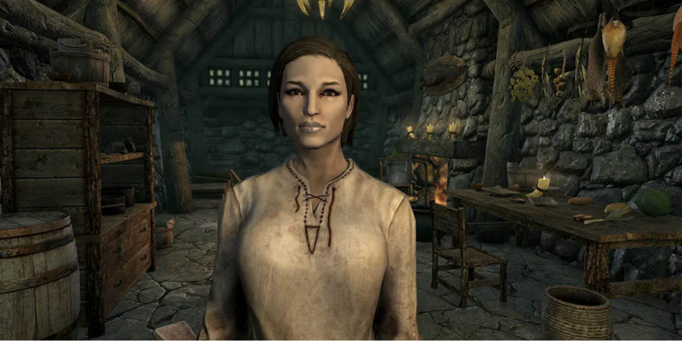 Sylgja from Skyrim looks happy in her hut.