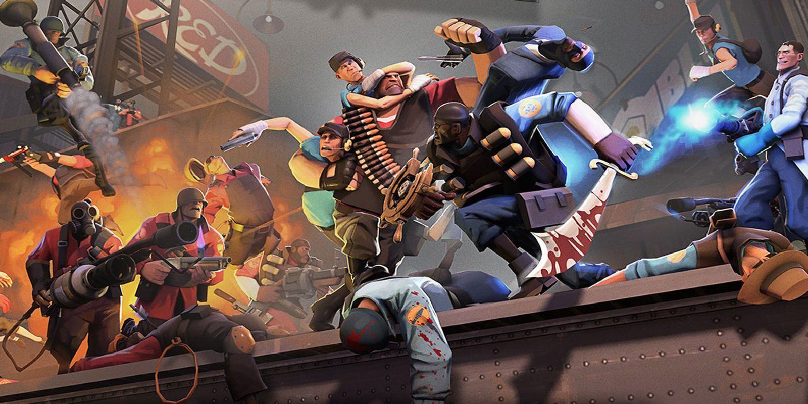 Team Fortress 2 cartoon characters bickering in a chaotic scene.