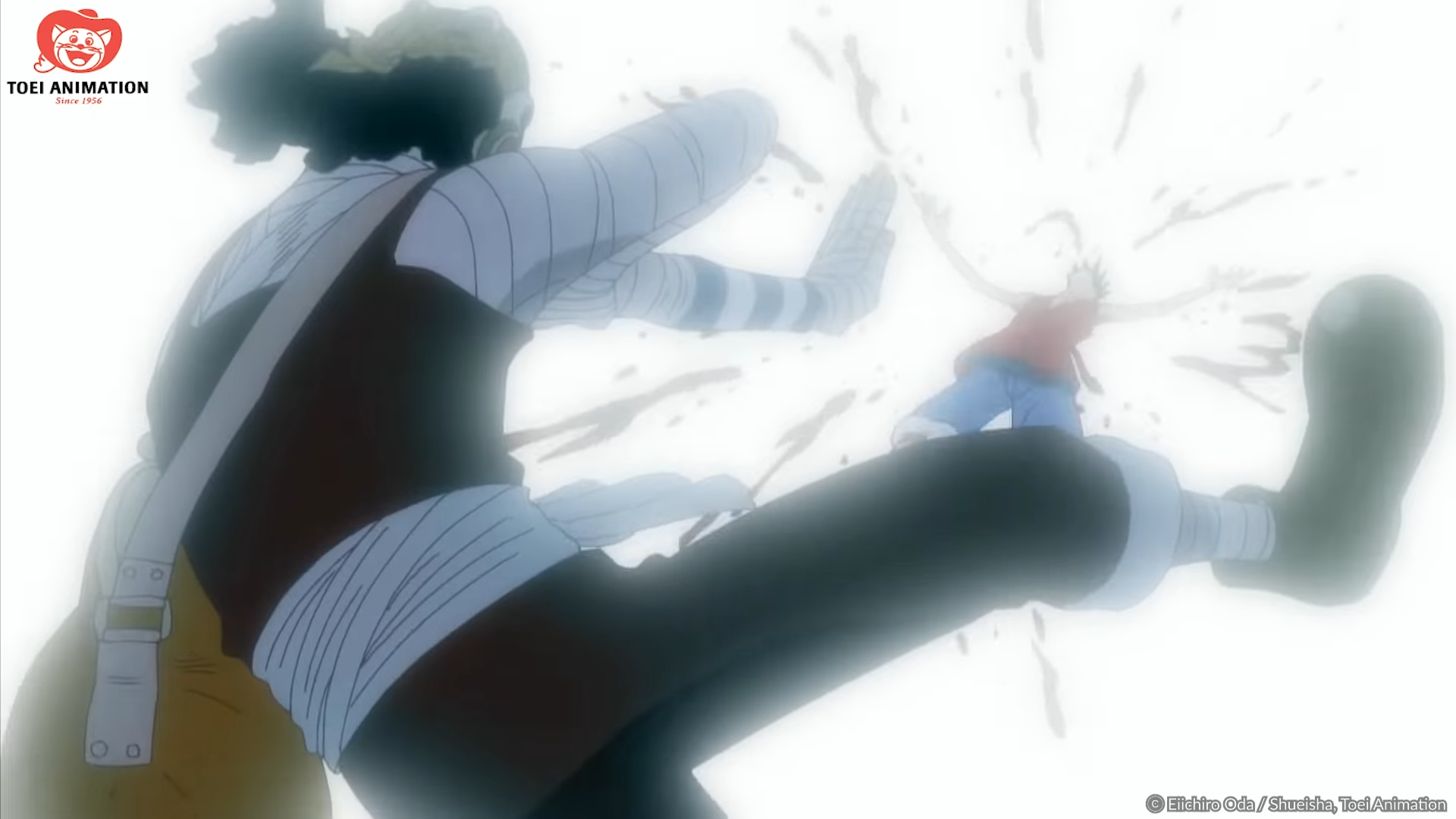 A scene from the One Piece anime shows Usopp delivering a powerful blow to Luffy, who is blown away against a white background with blood in the air.