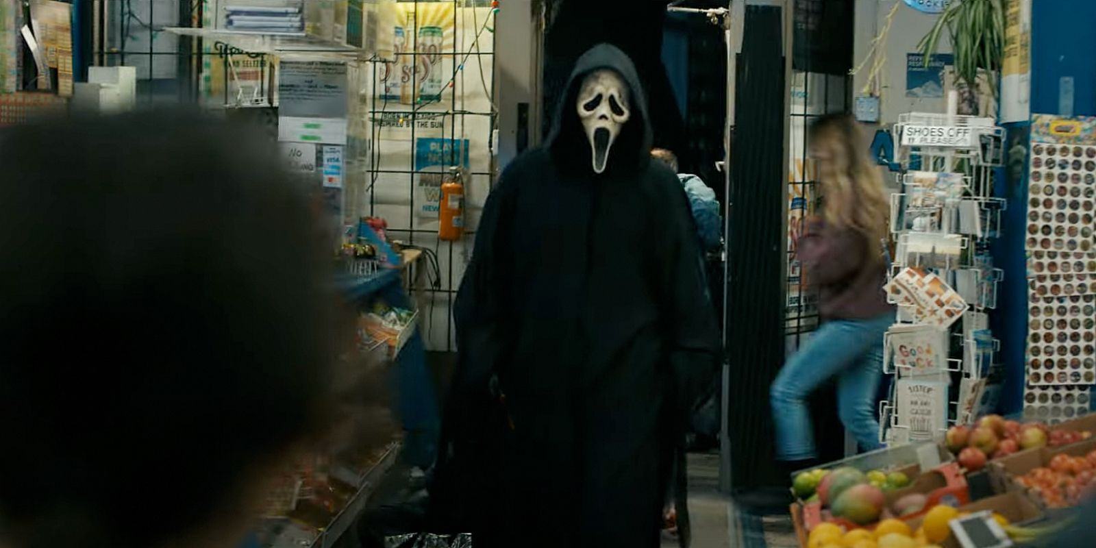 Grinning at the grocery store in Scream 6.