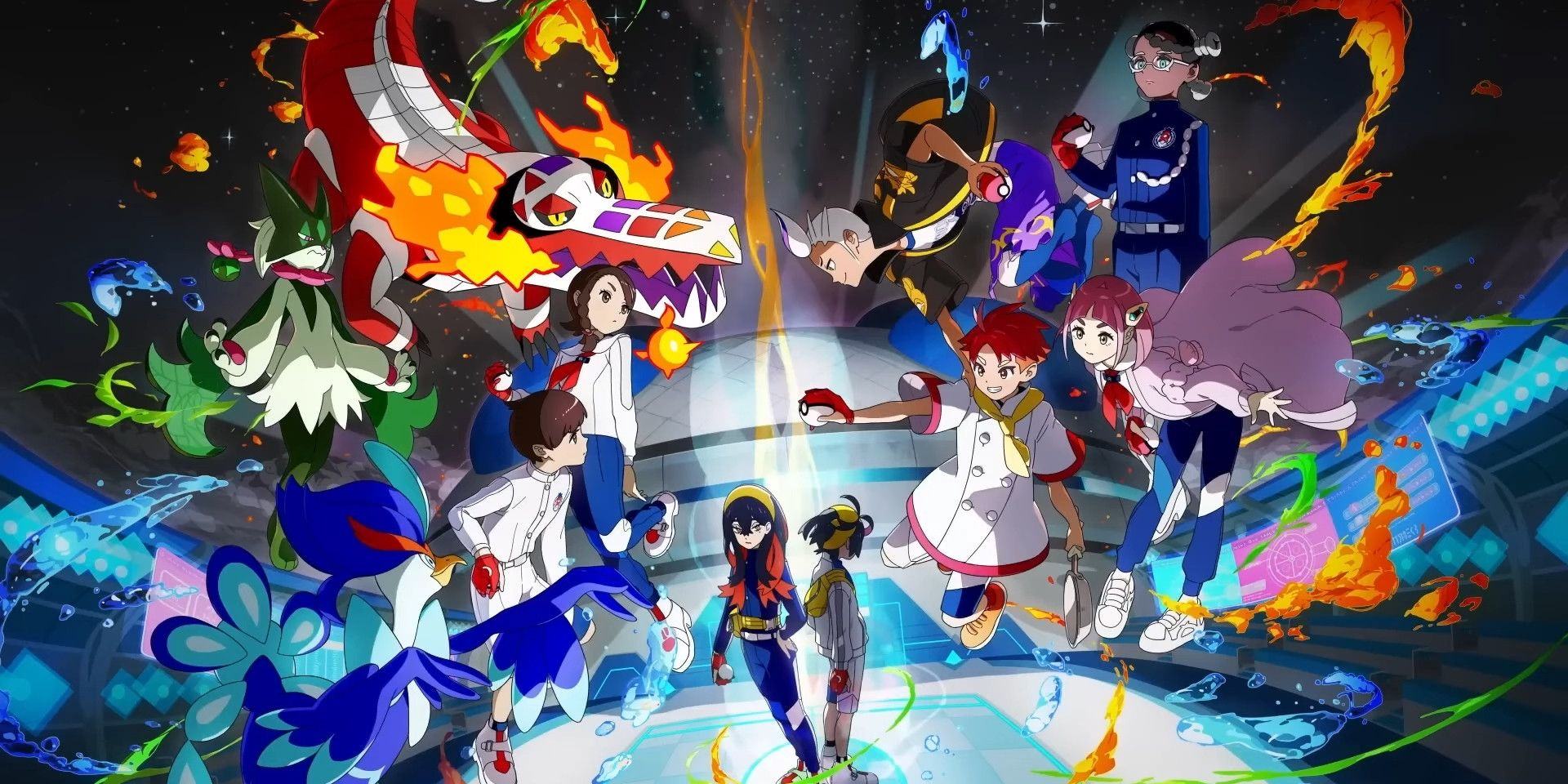 The main image for Violet's Pokémon Scarlet and Indigo Disk DLC, depicting some of the trainers and Pokémon facing off in the arena.