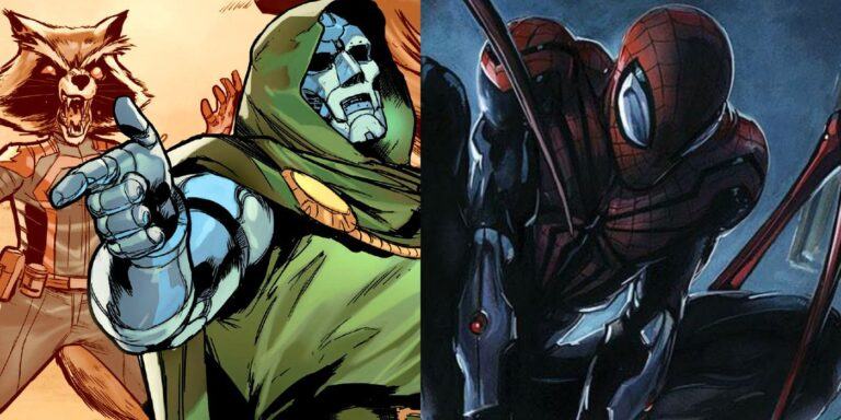 A split screen of Doctor Doom, Rocket Raccoon and Superior Spider-Man