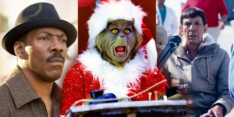 A split image features Eddie Murphy, Jim Carrey's Grinch, and Leonard Nimoy