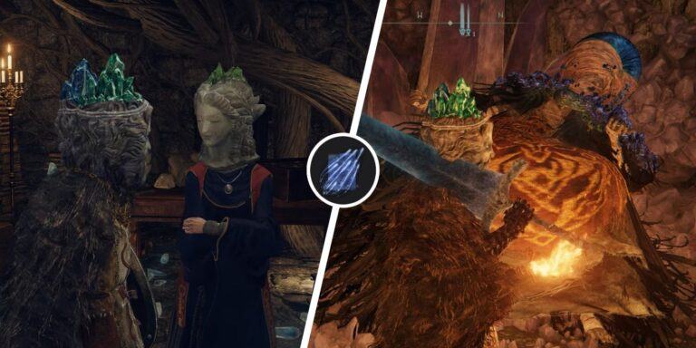 An Elden Ring player talking to Sorceress Sellen next to an image of the same player in front of Master Lustat