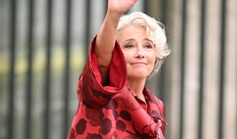 Emma Thompson was seen arriving at the coronation of King Charles with her husband, ‘The Crown’ actor Greg Wise (Photos)