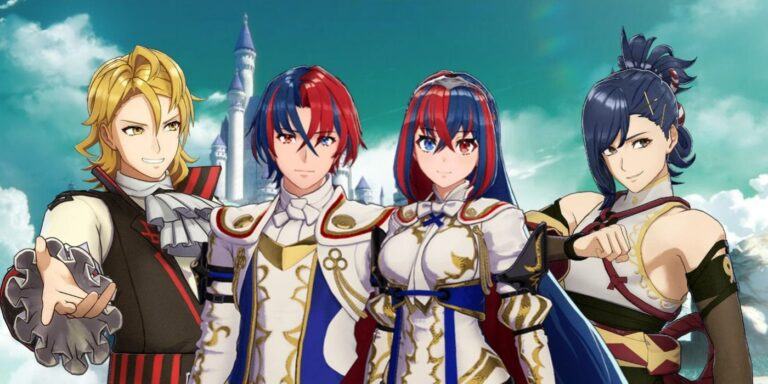 Fire emblem characters Amber, male and female Alear and kagetsu on Fire Emblem sky