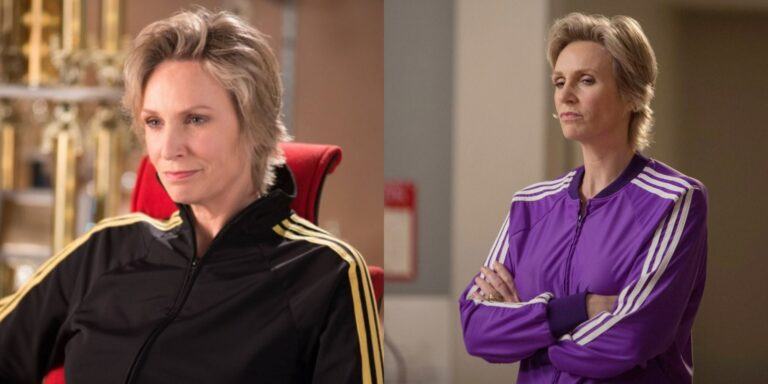 Split image showing Sue Sylvester on Glee