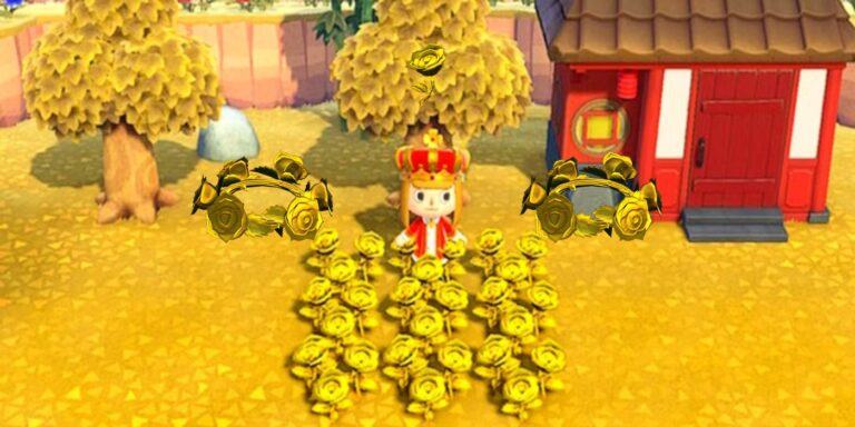 An Animal Crossing player standing in a field of Gold Roses