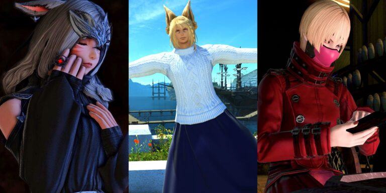 Three examples of in-game cosplays for Final Fantasy XIV.