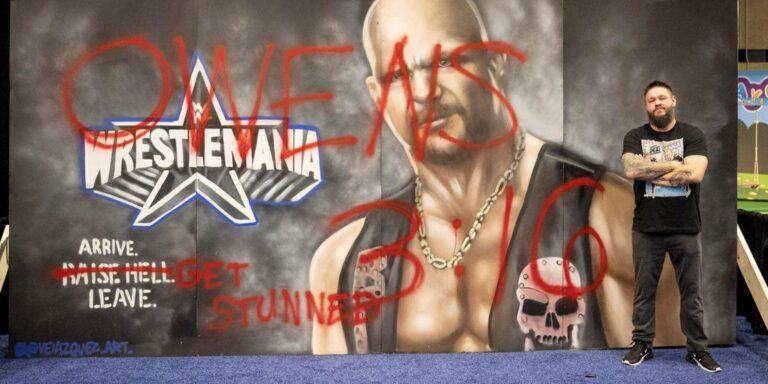 Kevin Owens defaces a mural of Stone Cold Steve Austin ahead of WrestleMania 38.