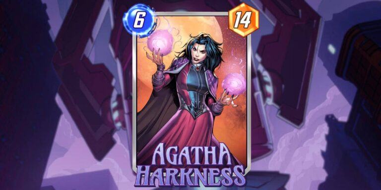 Marvel Snap Agatha Harkness Card with Power and Energy Displayed on Galactus Background