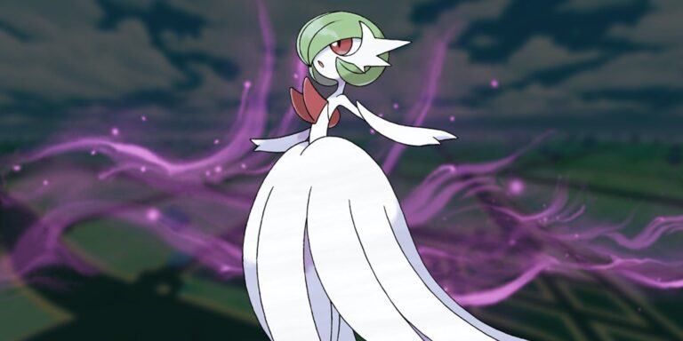 A Mega Gardevoir stands in the middle with a pinky misty effect behind it. In the background is a blurred-out and darkened image of the Pokémon GO map.