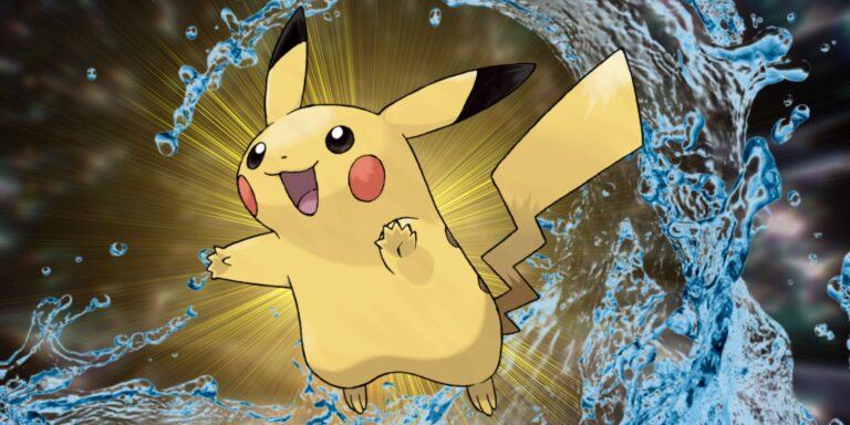 Pokemon's Pikachu jumps in the middle with a water effect behind it and behind both is a yellow backlight.