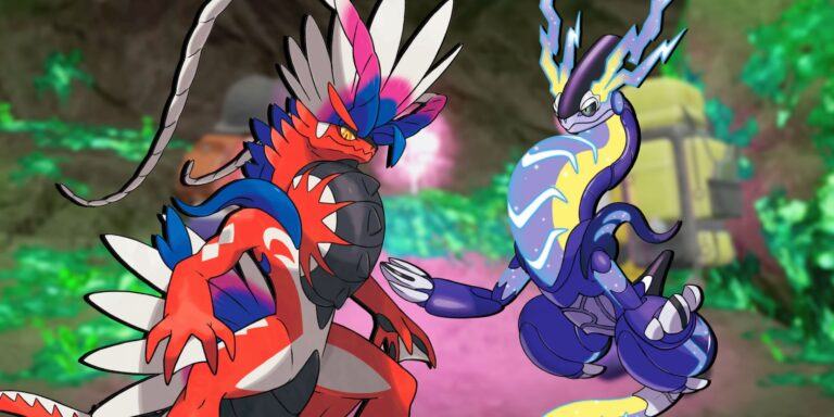 Pokémon Scarlet and Violet's Koraidon and Miraidon Legendaries in front of a blurred background showing characters finding Herba Mystica.