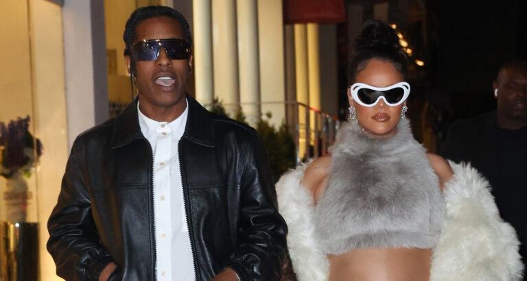 Rihanna shows off her baby bump in a faux fur outfit for date night with A$AP Rocky