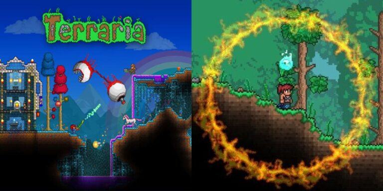 Split image showing a cover for Terraria and the ring of fire during the day