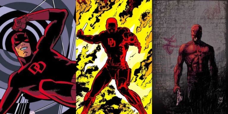 Split image of Samnee, Mazzucchelli, and Maleev's Daredevil art.