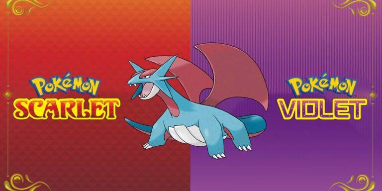 Pokemon Scarlet and Violet Salamance Evolution of Bagon Next to Game Logos in Background