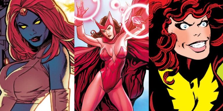 Split image: Close-ups of Mystique, Scarlet Witch, and Dark Phoenix in X-Men comics