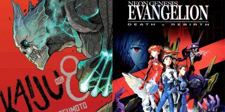 Split image showing posters for Kaiju No. 8 and Neon Genesis Evangelion.