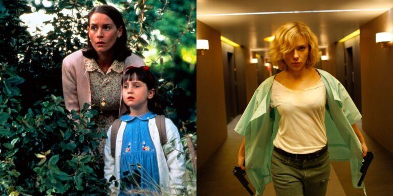 Split image showing Miss Honey and Matilda hiding in the bushes in Matilda and Lucy walking in Lucy