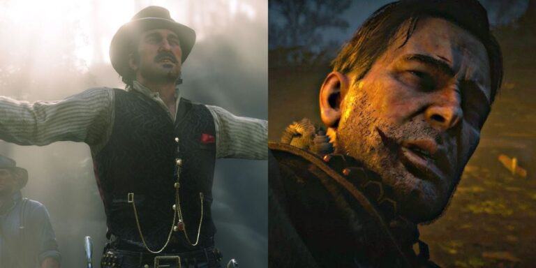 Split image of Dutch Van Der Linde and Arthur Morgan in Red Dead Redemption 2