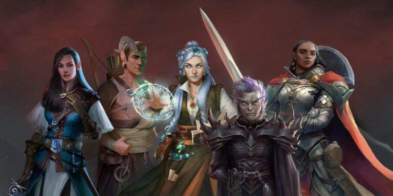 Multiple romanceable characters from Pathfinder: Wrath of the Righteous huddled together