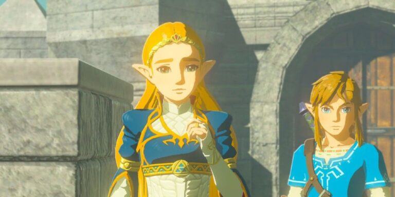 Princess Zelda wearing her blue royal dress in The Legend of Zelda: Breath of the Wild.