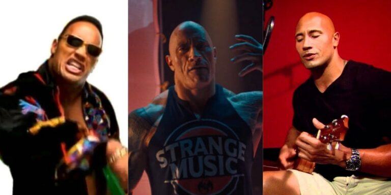 Split images of Dwayne Johnson performing songs