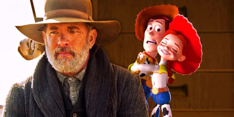 Tom Hanks, Woody, and Jesse split image.