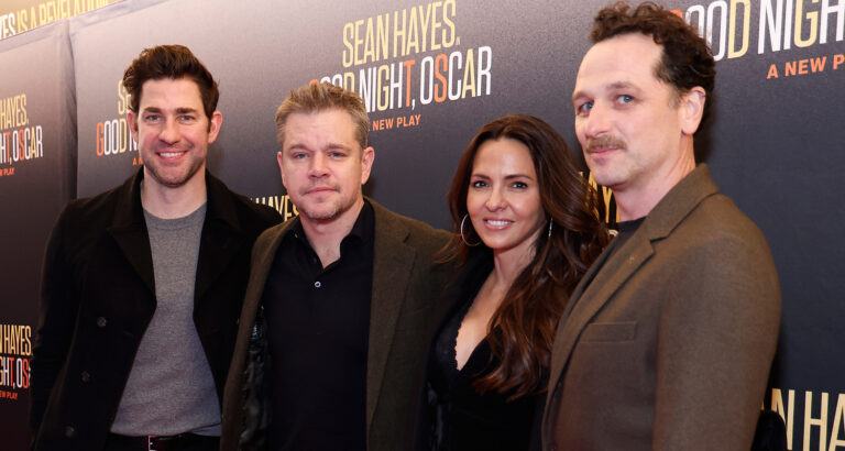 John Krasinski joins Matt Damon, his wife Luciana and Matthew Rhys at the opening night of ‘Goodnight Oscar’ on Broadway.