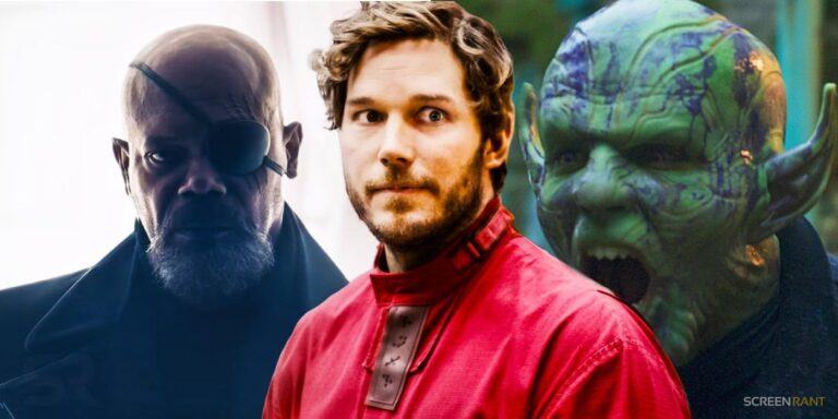 Custom image of Nick Fury and a Skrull from Secret Invasion at each side of Star-Lord from Guardians of the Galaxy Vol. 3.