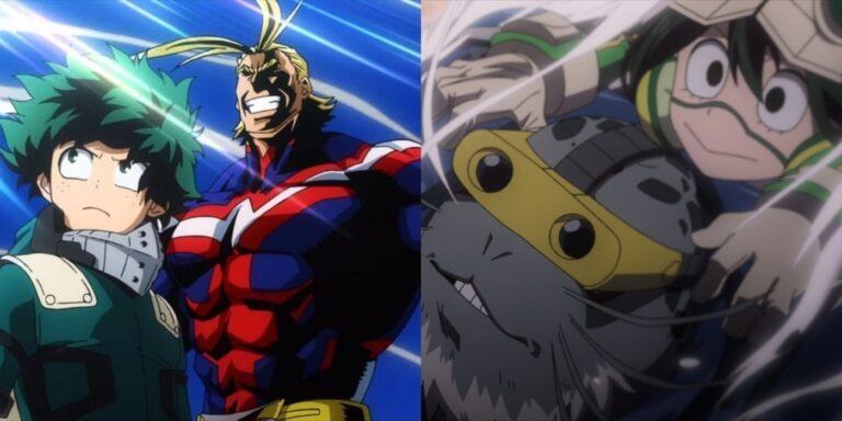 Split image of All Might and Midoriya and Tsu and Selkie