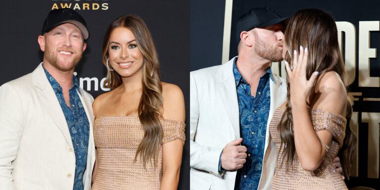 Newly engaged Cole Swindell and Courtney Little show off their engagement ring at the 2023 ACM Awards