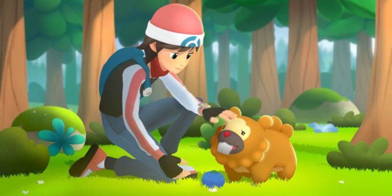 A character petting a Bidoof Pokemon