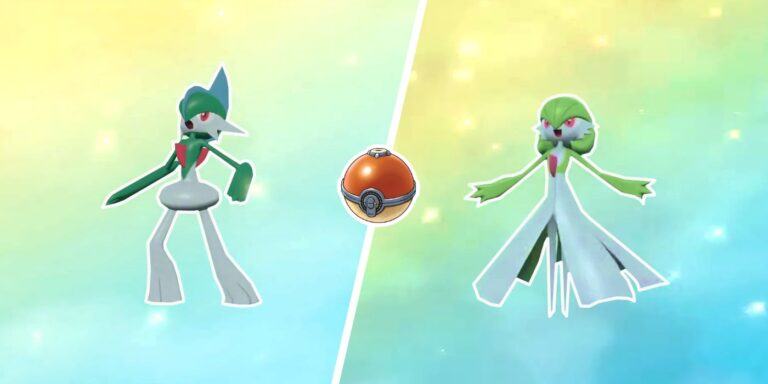 Gallade and Gardevoir in Pokémon Legends Arceus on either side of a Poke Ball