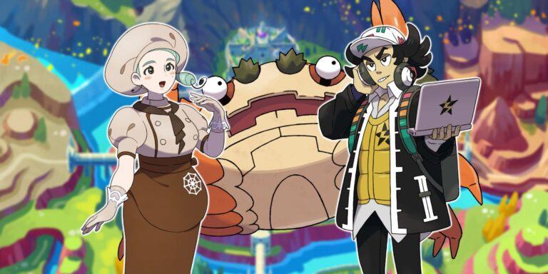 Pokémon Scarlet and Violet's Gym Leader Katy, Titan Pokémon Klawf, and Team Star Leader Giacomo, all standing in front of a map showing the city of Mesagoza, blurred in the background.