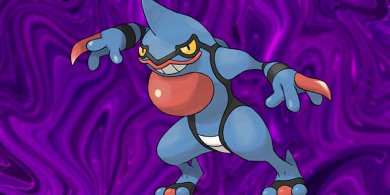 Toxicroak with a purple background in Pokémon Scarlet & Violet