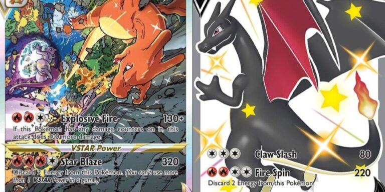 A split image of Charizard VSTAR from UPC Charizard and Charizard Secret Rare V from Champion's Path - Pokemon TCG: Sword and Shield.