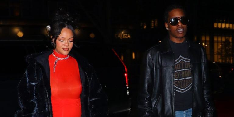 Rihanna brings back the 2000s trend of wearing a skirt over pants for the latest outing with A$AP Rocky