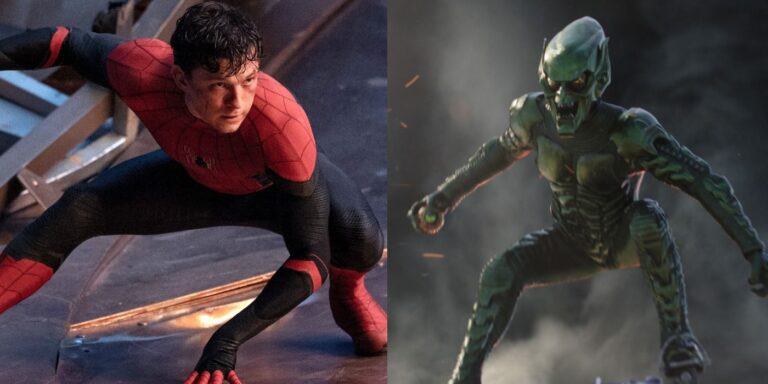 Split image: Spider-Man with his mask off, Green Goblin flying in Spider-Man: No Way Home.