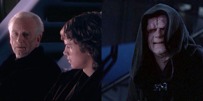 Split image of Palpatine and Anakin in Revenge of the Sith and the Emperor in Return of the Jedi